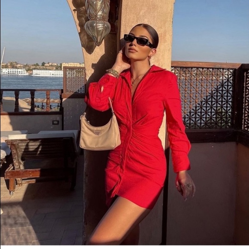 Zara red draped linen shirt dress small